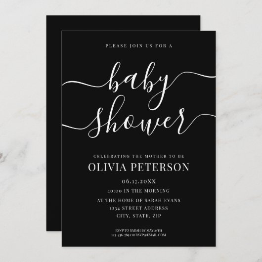 Elegantes Script Black and White Baby Shower Einladung (Vorne/Hinten)