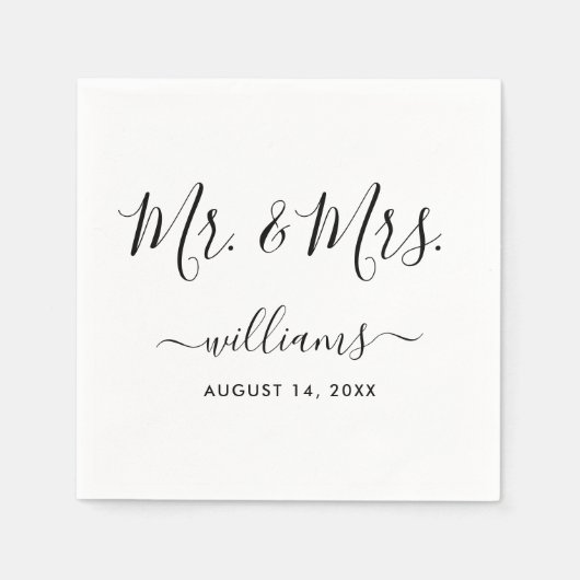 Elegantes Script Black and White Mr. and Mrs. Serviette (Vorderseite)