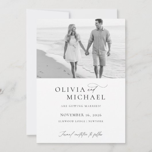 Elegantes Script Black and White Wedding Foto Save The Date (Rückseite)