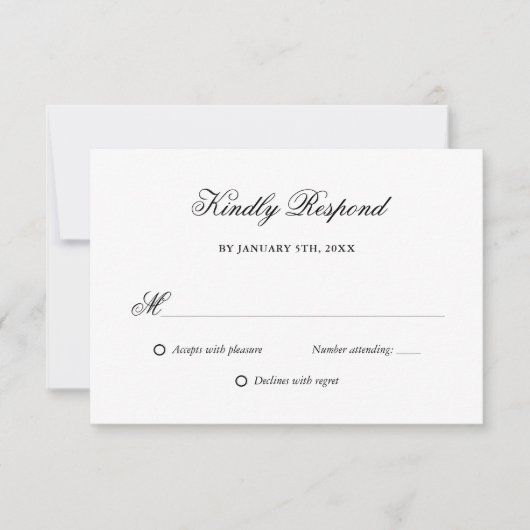 Elegantes Script Black and White Wedding RSVP Karte (Vorderseite)