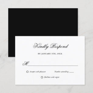Elegantes Script Black and White Wedding RSVP Karte