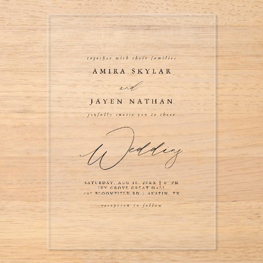 Elegantes Script Black Boho Minimalistisch Wedding Acryleinladungen (Vorderseite)