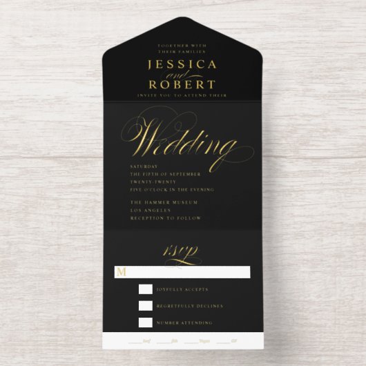 Elegantes Script Black Calligraphy Wedding Foil All-in-One-Einladung (Innenseite)