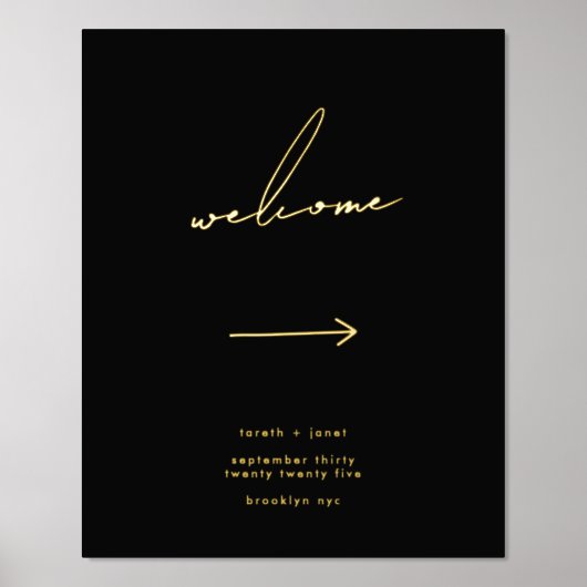 Elegantes Script Black Direction Welcome Gold Foliendrucke (Vorderseite)