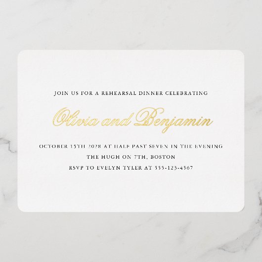 Elegantes Script Black Formal Probe Dinner Gold Folieneinladung (Vorderseite)