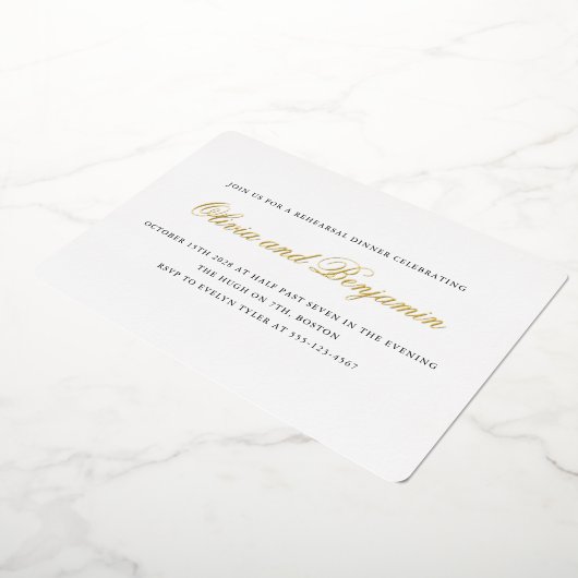 Elegantes Script Black Formal Probe Dinner Gold Folieneinladung (Gedreht)