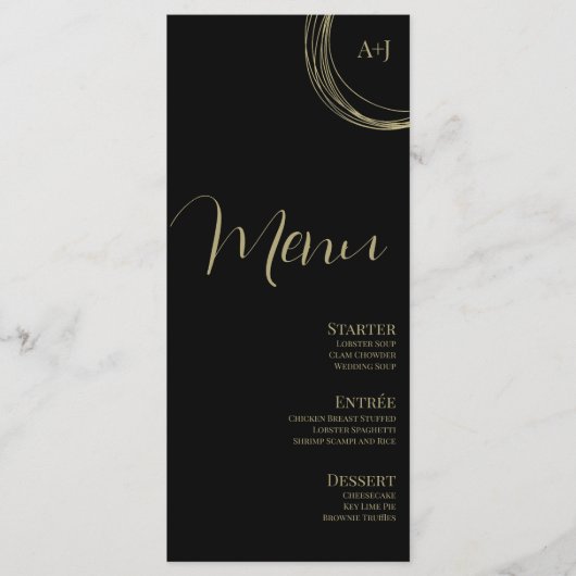 Elegantes Script Black Gold Circular Wedding Menu Menükarte (Vorderseite)