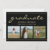 Elegantes Script Black Gold Drei Foto Abschluss Einladung (Vorderseite)