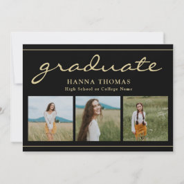 Elegantes Script Black Gold Drei Foto Abschluss Einladung