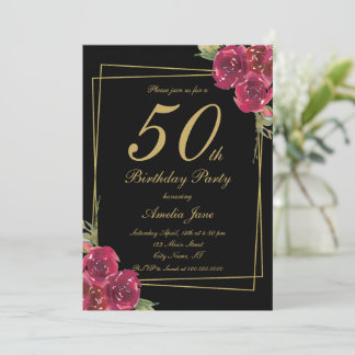 Elegantes Script Black Gold Floral 50. Geburtstag Einladung