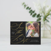 Elegantes Script Black & Gold Foto Save the Date Postkarte (Stehend Vorderseite)