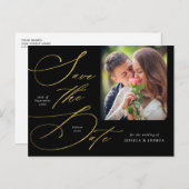 Elegantes Script Black & Gold Foto Save the Date Postkarte (Vorne/Hinten)