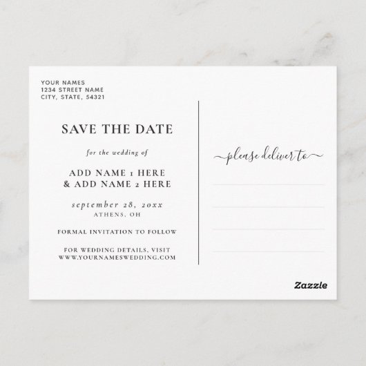 Elegantes Script Black & Gold Foto Save the Date Postkarte (Rückseite)