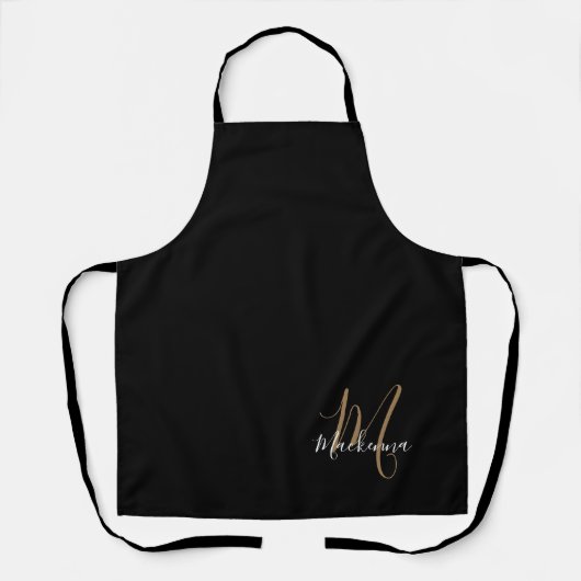 Elegantes Script Black Gold Girly Monogram Kitchen Schürze (Vorderseite)