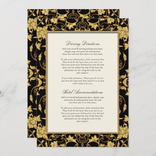 Elegantes Script Black Gold Glitzer Damask Hochzei Einladung (Vorne/Hinten)
