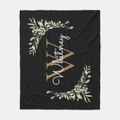 Elegantes Script Black Gold Monogram Greenery Fleecedecke (Vorderseite)