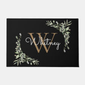 Elegantes Script Black Gold Monogram Greenery Fußmatte (Vorderseite)