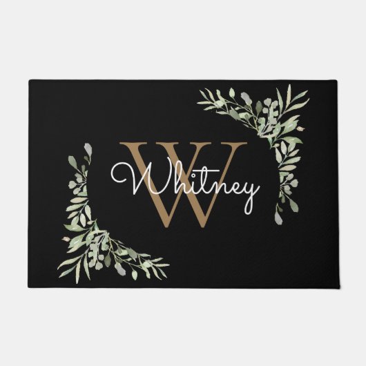 Elegantes Script Black Gold Monogram Greenery Fußmatte (Vorderseite)