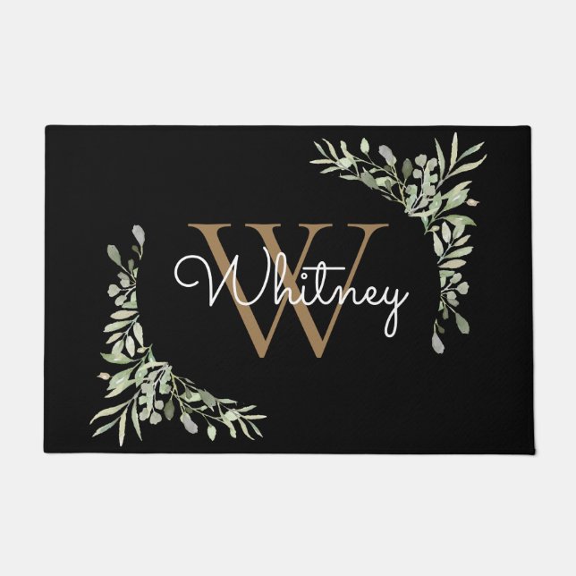 Elegantes Script Black Gold Monogram Greenery Fußmatte (Vorderseite)