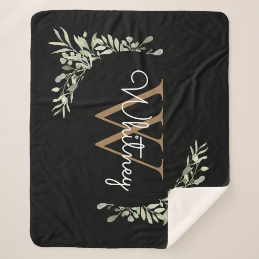 Elegantes Script Black Gold Monogram Greenery Sherpadecke (Vorderseite)