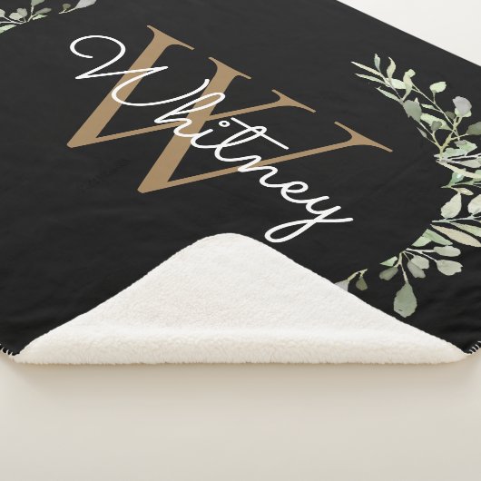 Elegantes Script Black Gold Monogram Greenery Sherpadecke (3/4)