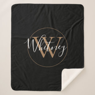 Elegantes Script Black Gold Monogram Sherpa Blanke Sherpadecke