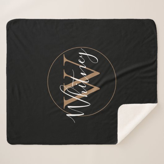 Elegantes Script Black Gold Monogram Sherpa Blanke Sherpadecke (Vorderseite (Horizontal))