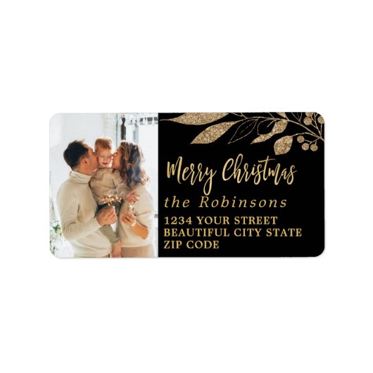 Elegantes Script Black Gold Weihnachten Rücksendea Adressaufkleber (Vorne)