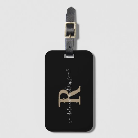 Elegantes Script Black Monogram Name Holiday Trave Gepäckanhänger (Vorderseite Vertikal)