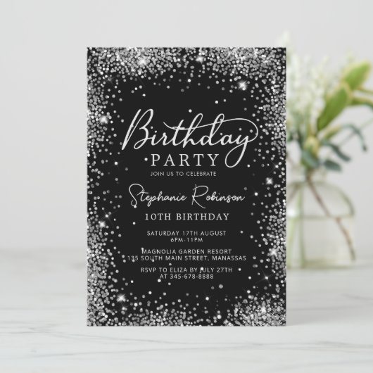 Elegantes Script Black Silver Glitzer 10. Geburtst Einladung (Stehend Vorderseite)