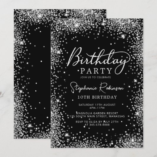 Elegantes Script Black Silver Glitzer 10. Geburtst Einladung (Vorne/Hinten)