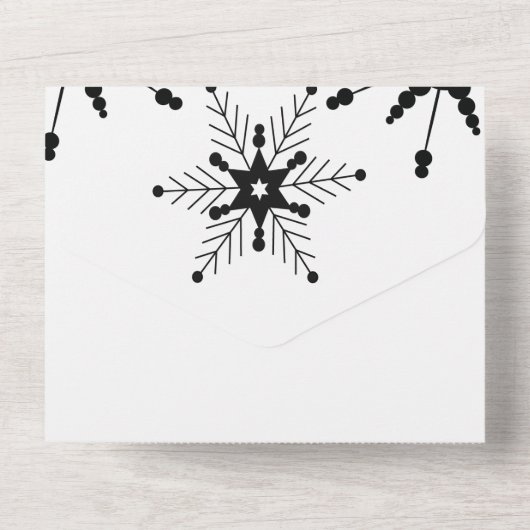 Elegantes Script Black Snowflakes Weihnachten Hoch All In One Einladung (Rückseite)
