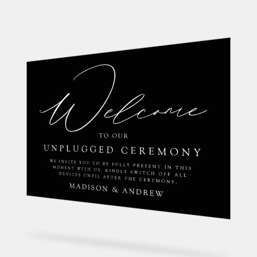 Elegantes Script Black Unplugged Zeremony Wedding Acrylschild (Winkel)