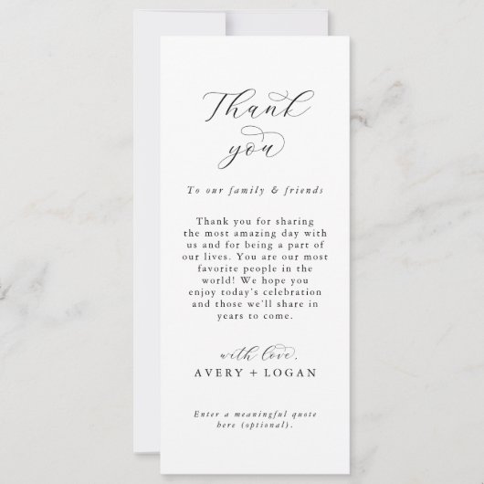 Elegantes Script Black Wedding Table Danke Karten (Vorderseite)