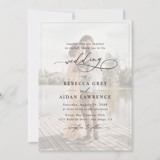 Elegantes Script Black & White Foto Hochzeit Einladung (Vorderseite)