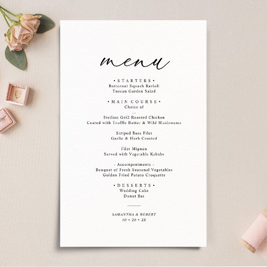 Elegantes Script Black & White Simple Wedding Menu