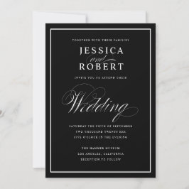Elegantes Script Black & White Wedding Black Einladung