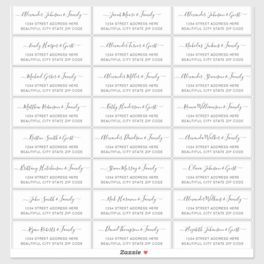 Elegantes Script Black White Wedding Guest Address Aufkleber (Blatt)