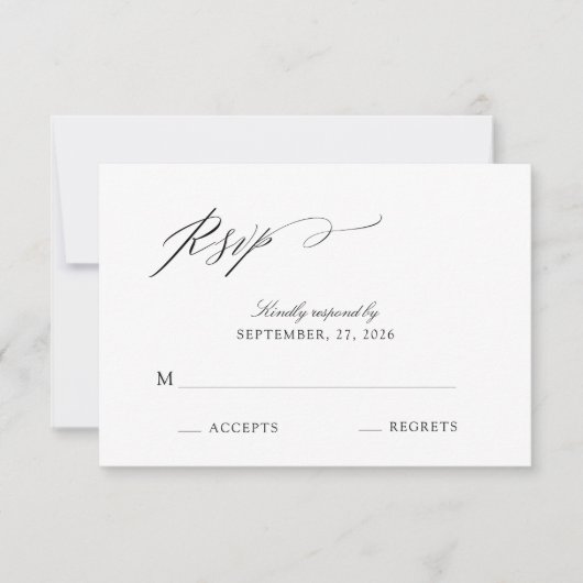 Elegantes Script Black & White Wedding RSVP Karte (Vorderseite)