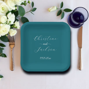 Elegantes Script Blue Aquamarin Wedding Pappteller