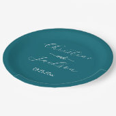 Elegantes Script Blue Aquamarin Wedding Pappteller (Schrägansicht)