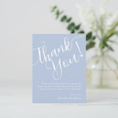 Elegantes Script Blue Boy Baby Shower Foto Dankeskarte (Stehend Vorderseite)