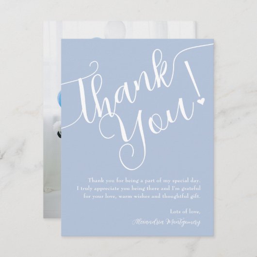 Elegantes Script Blue Boy Baby Shower Foto Dankeskarte (Vorne/Hinten)