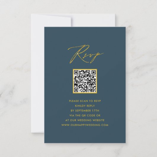 Elegantes Script Blue Minimalistisch QR Wedding RS RSVP Karte (Vorderseite)
