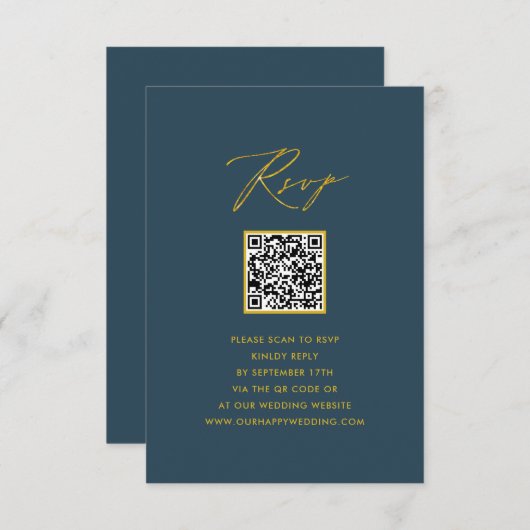 Elegantes Script Blue Minimalistisch QR Wedding RS RSVP Karte (Vorne/Hinten)