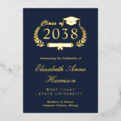 Elegantes Script Blue Uni-Abschluss Party Folieneinladung (Vorderseite)