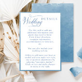 Elegantes Script Blue Watercolor Hochzeitdetails Begleitkarte