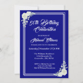 Elegantes Script Blue White Rose 50. Geburtstag Einladung (Vorderseite)