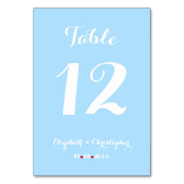 Elegantes Script Blue White Wedding Brautparty Tischnummer