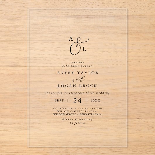 Elegantes Script Boho Simple Monogram Modern Weddi Acryleinladungen (Vorderseite)